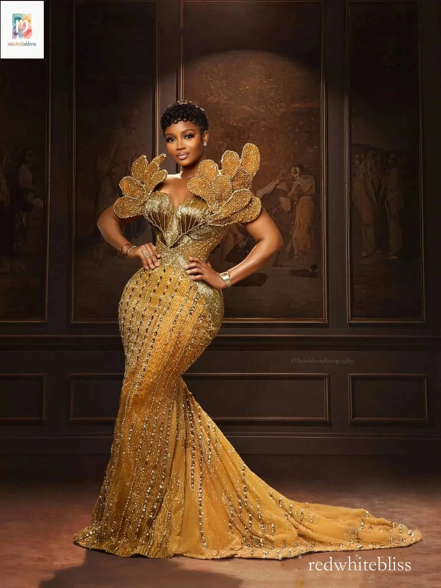 plus size gold mermaid prom dress Size, O-Neck Evening Gown with Beads and Sparkling Crystals, Customized Birthday Party Princess Vestido De Novia drawstring