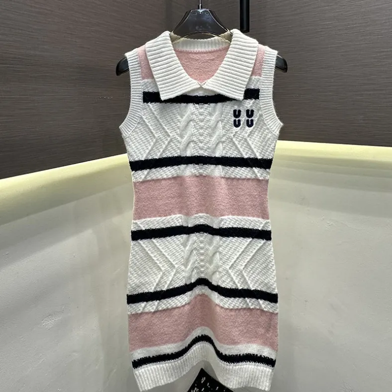 Elegant Striped Knitted Vest Dress for Women, Slim Fit, Multicolor, High Elasticity
