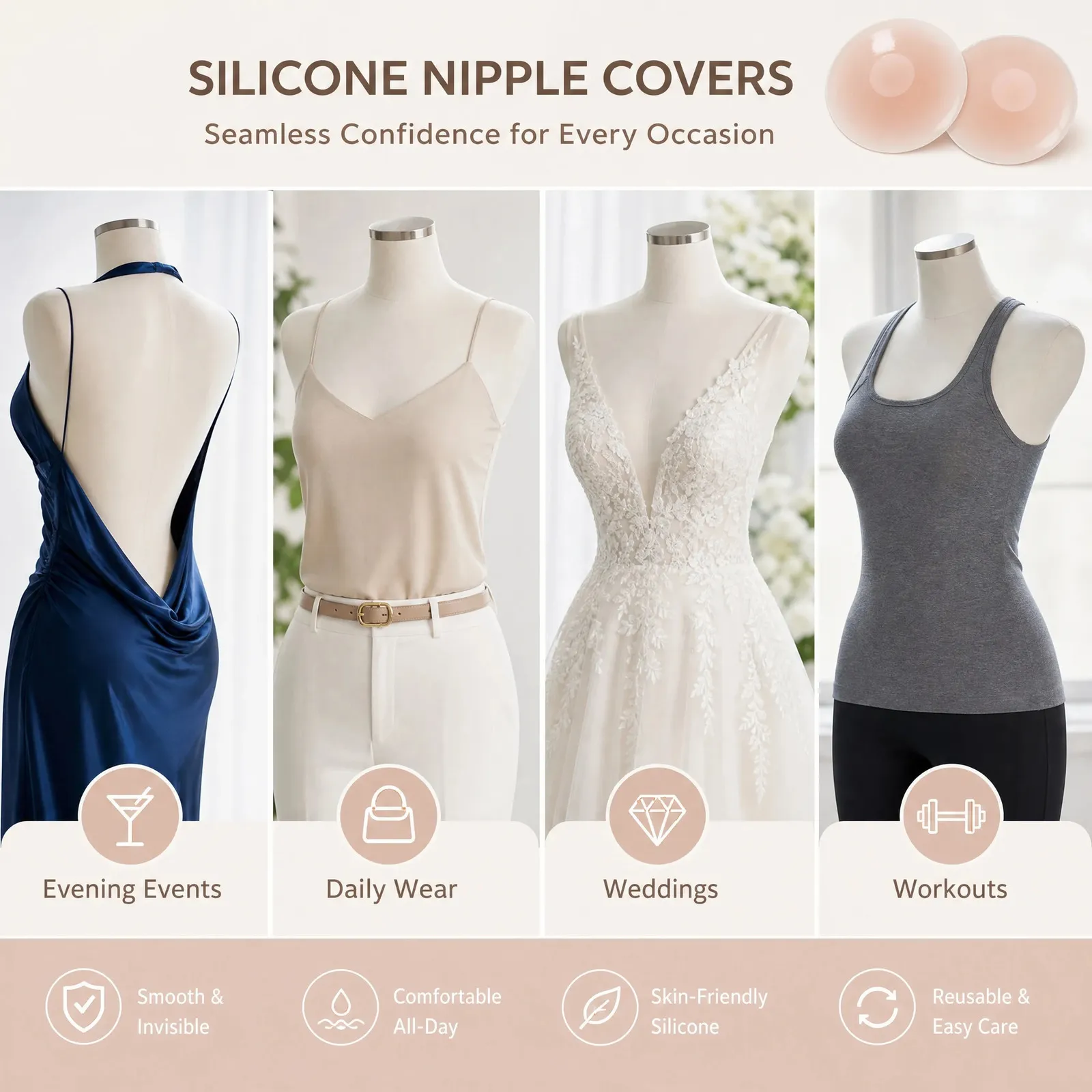Reusable Silicone Pasties, Seamless No-Slip Nipple Covers for Women, Invisible Under Clothing Petal-Shaped Adhesive Pads