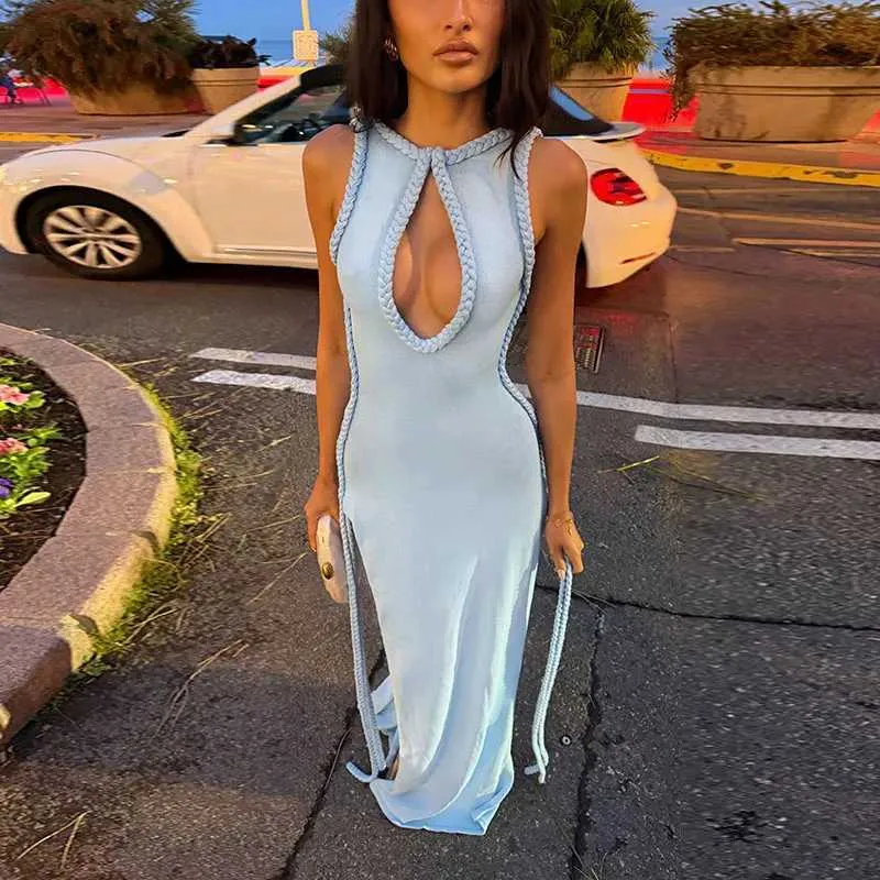 braided halter maxi dress Neck Knitted for Women, Trim, Cutout Design, High Slit, Solid Color, Party Evening Wear, New Fashion 2026 Floral dress
