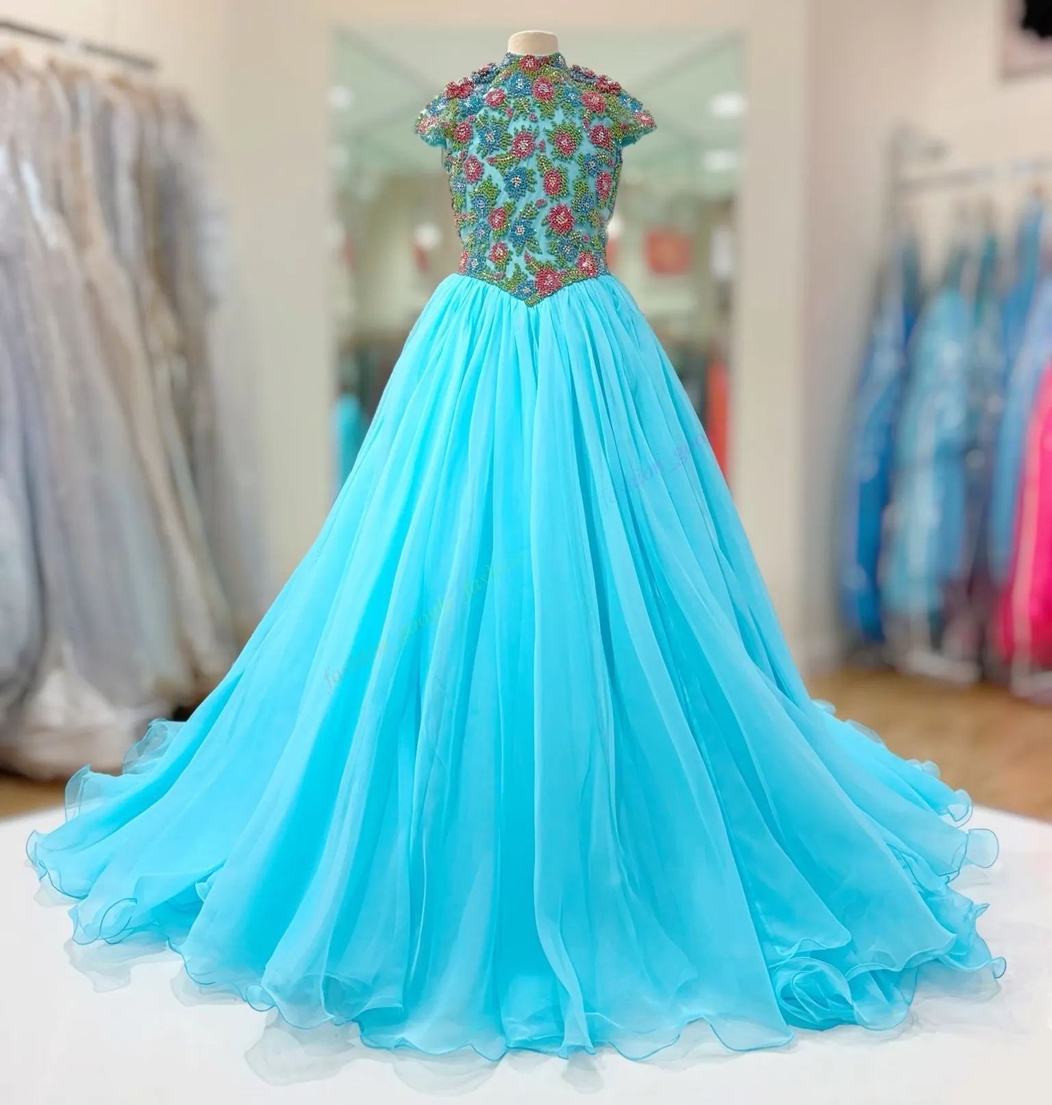 rhinestone runway homecoming dresses Aqua Blue Preteen Girl Pageant Dress, High Neck Crystal Gown, Formal Flower Girl Birthday, Cocktail Party, Holiday Dress sequined lace wedding dress