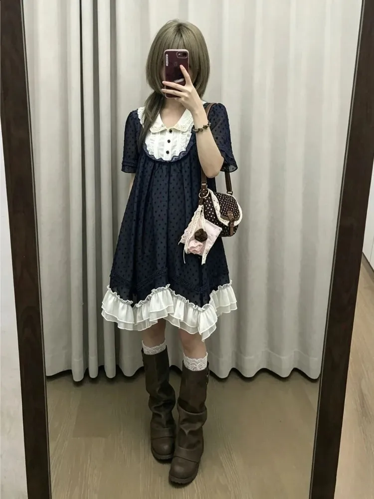 japanese bodycon dress Vintage Subculture Short Sleeve Mini Dress, Polka Dot Print, Lace Patchwork, Button Front, Versatile Sweet Style for Women Fabric Type