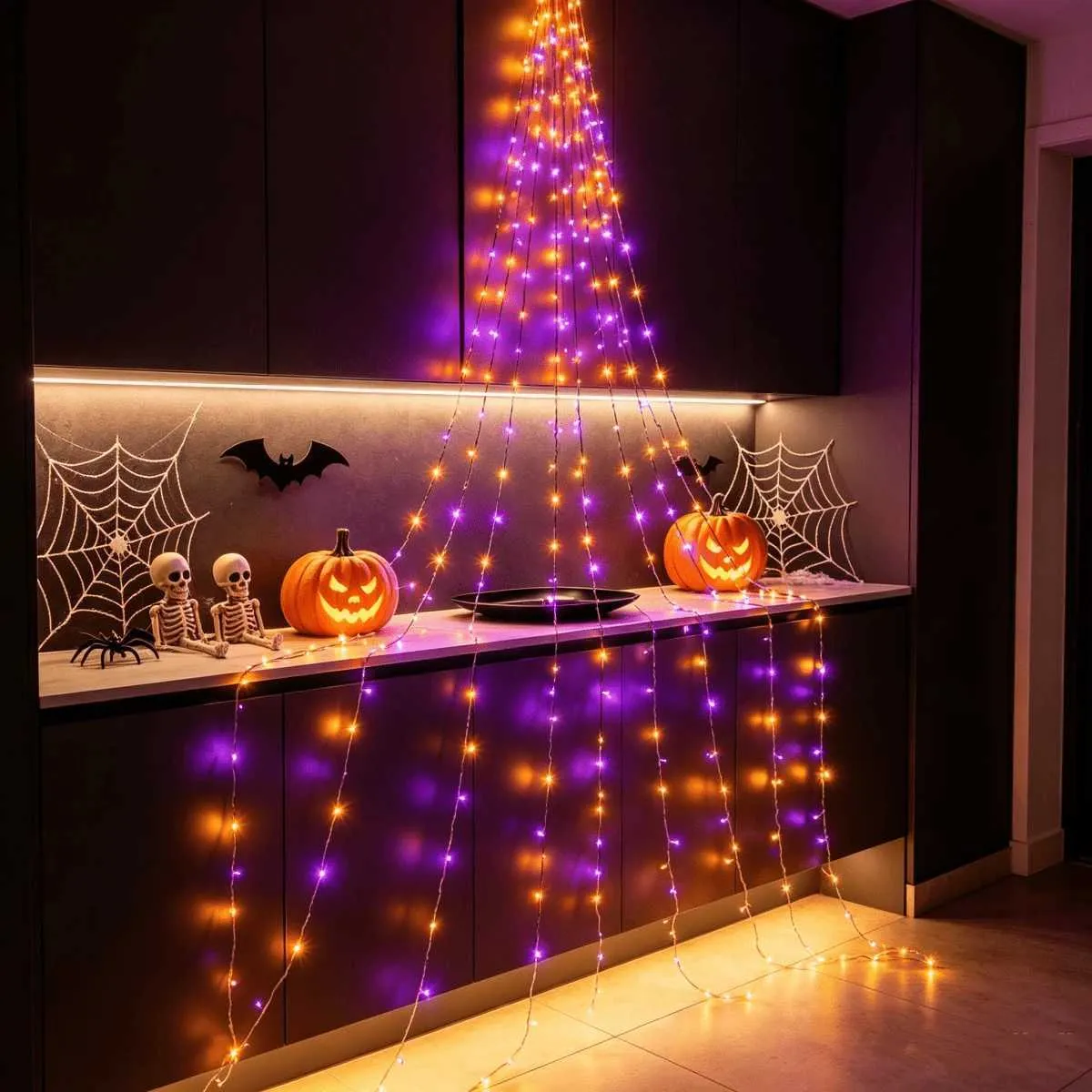 Kürbis-Wasserfall-Lichterketten mit 8 Beleuchtungsmodi, solarbetrieben, 168 LEDs, funkelnde Stern-Vorhang-Baum-Lichter, hängende 
