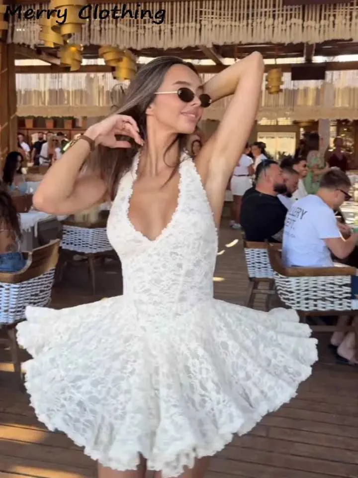 v neck halter dress short Lace Mini for Women, Waist Cinched A-Line, Backless Sleeveless Summer Dress, Vestidos tiktok_30