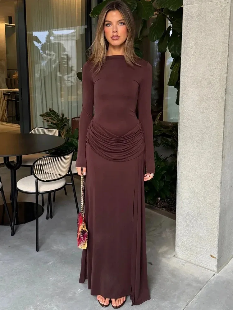 Mozision Women Long Sleeve Boat Neck Sexy Maxi Dress Draped Ruched Waist High Split Bodycon Formal Evening Party Long Dress 260812