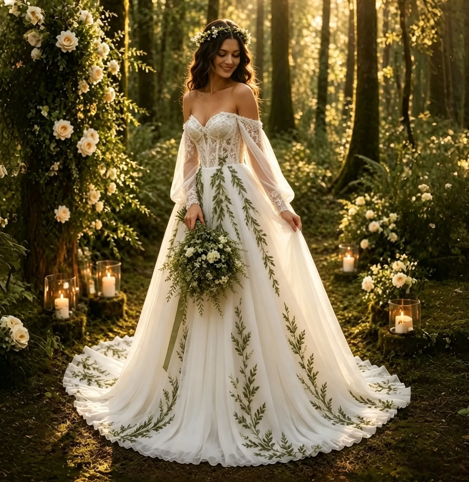 green leaf wedding dress Women Boho Lace Off Shoulder Long Sleeve Tulle A-Line Train Bridal Gown For Forest Elopement Customized Bohemian Bridal Gowns fairy sage green wedding dress