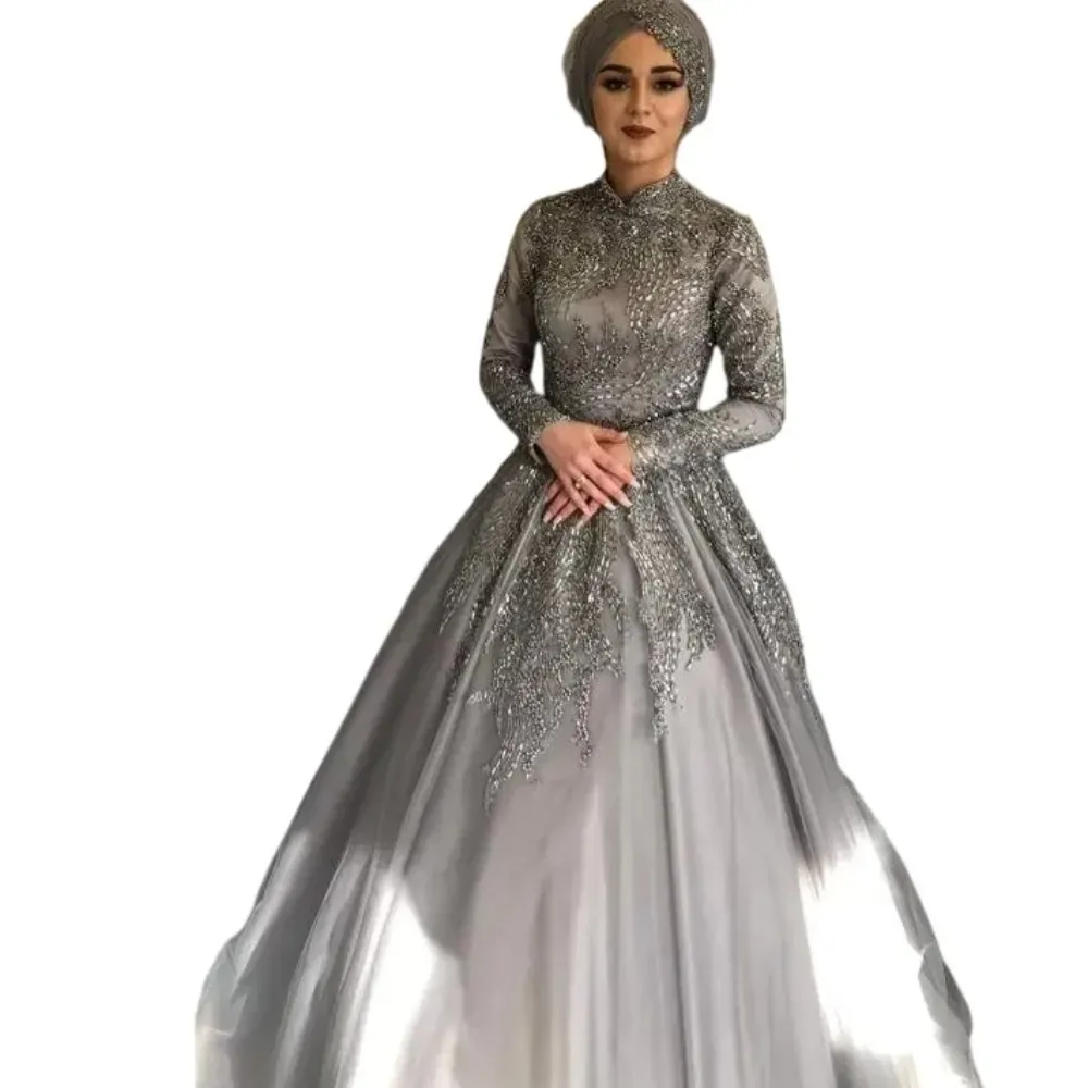 grey muslim dress Hijab Wedding High Neck Long Sleeve... From Kyurem, Rs.17,894.8 effortless elegance