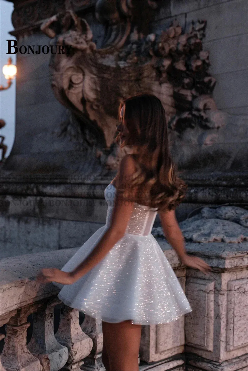 glitter falling off dress BONJOURY Short Wedding Dresses For Woman Bride Strapless Mini A-LINE Shining Tulle Pleat Vestido De Novia Customized 260806 Sister Picks