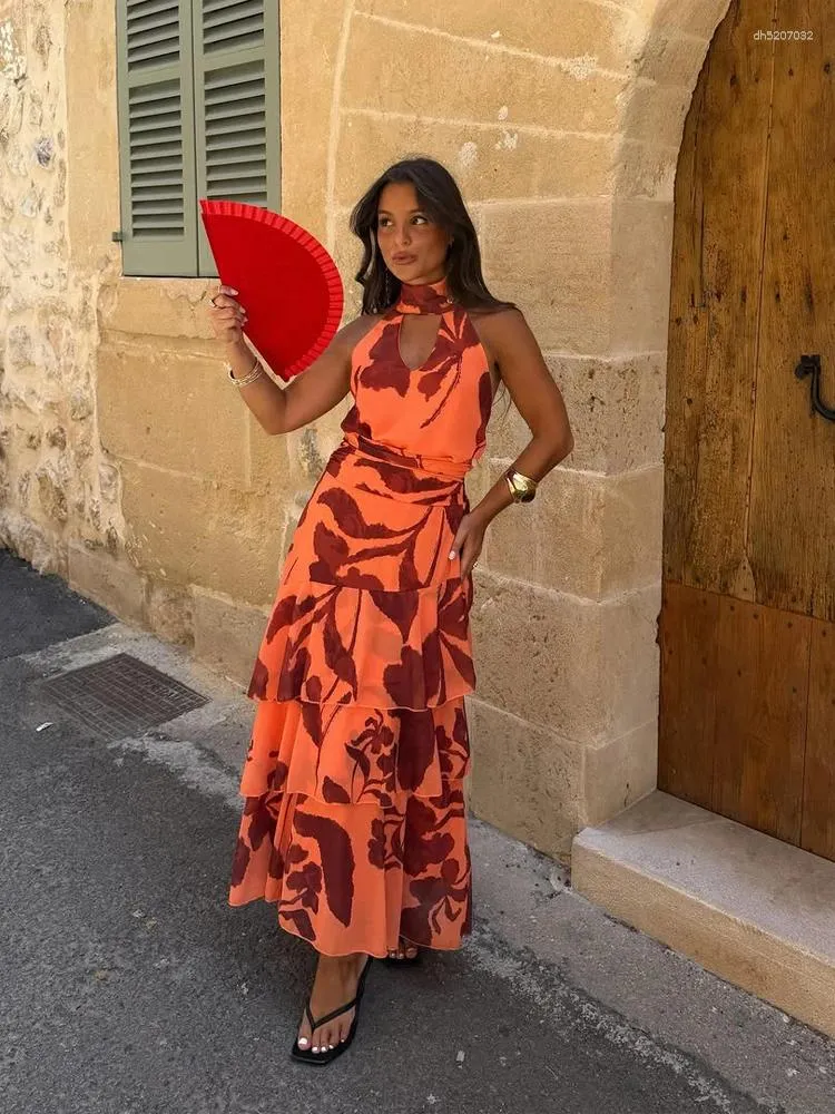 high neck halter dress casual Dresses Elegant Printed Lady Fashion Sleeveless Multi-layer Folds Maxi Womens Summer Vacation Robe blck40