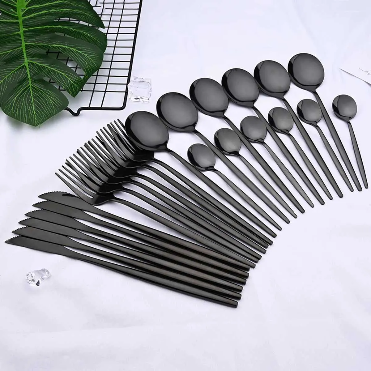 Stainless Steel Tableware 24-Piece Set Knife Fork and Spoon Set Western Tableware 6 People Black Spoon Fork X260814