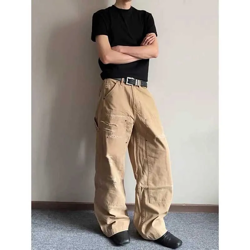 Vintage Khaki Mens Wide Leg Baggy Khaki Cargo Pants From