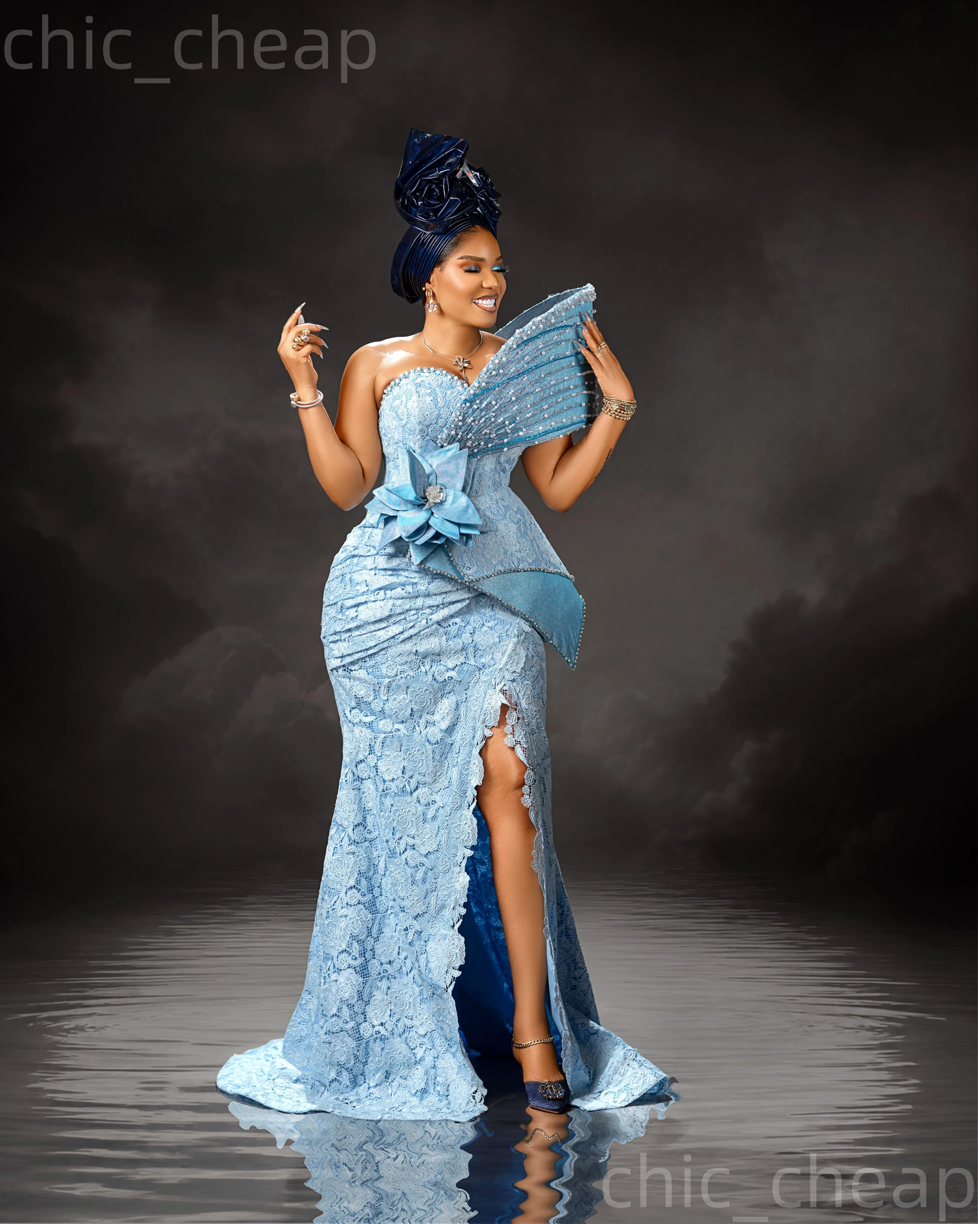 blue aso ebi dress Light Sky Mermaid Prom 2026 Beaded Crystals Lace Flower Vintage Evening Dresses For Black Women Birthday Party Formal Reception KissProm Light Blue Sequin 0-19 Size:46W Heres a stunning modern