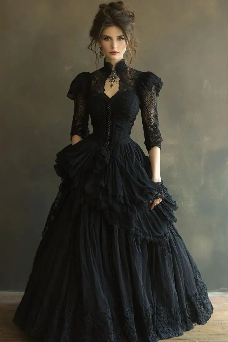 Vintage Gothic High Neck A Line Black Gothic Prom... From Echowavestore, Rs.14,765.32