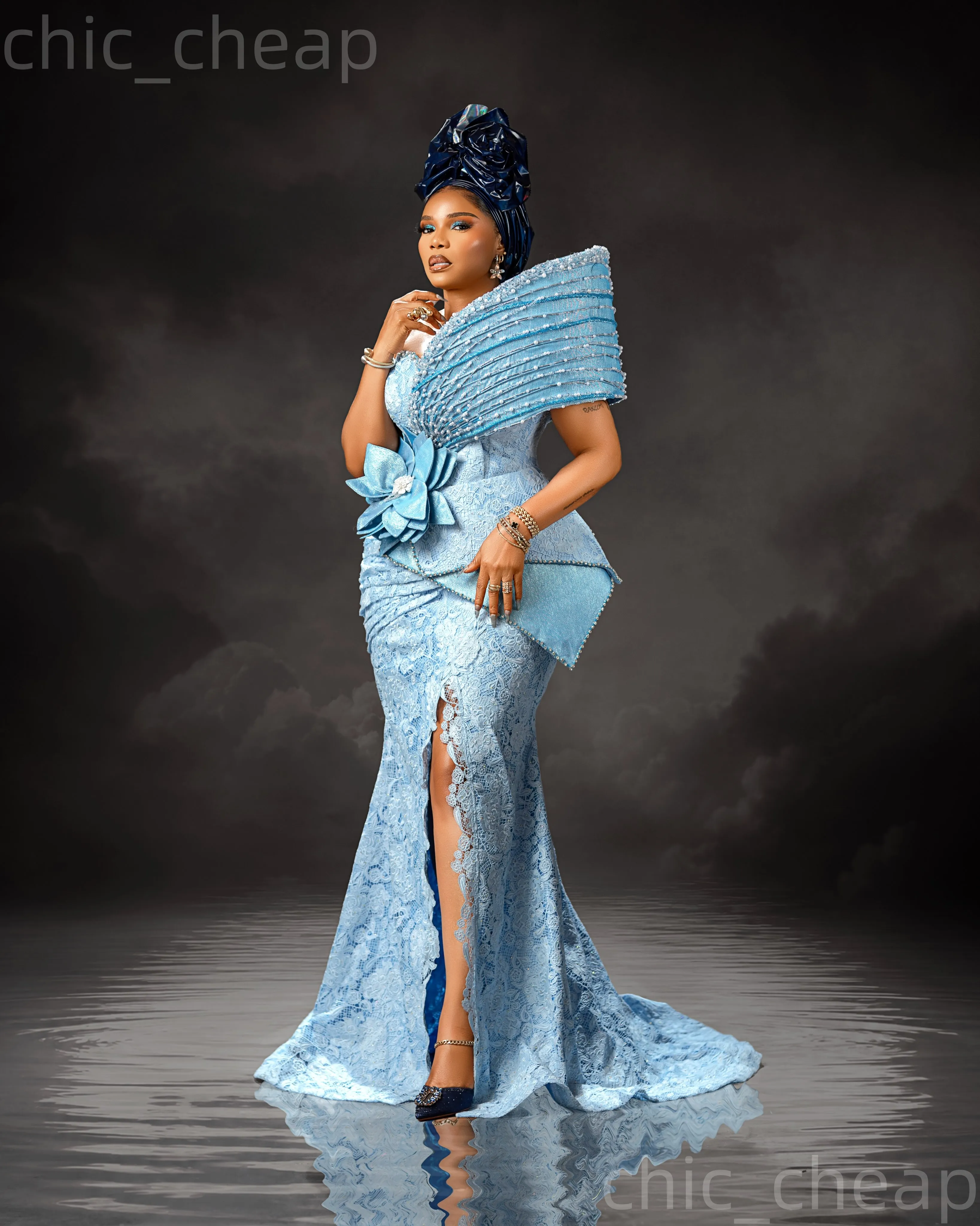 Aso Ebi Light Sky Blue Mermaid Prom Dress 2026 Beaded Crystals Lace Flower Vintage Evening Dresses For Black Women Birthday Party Formal Reception 