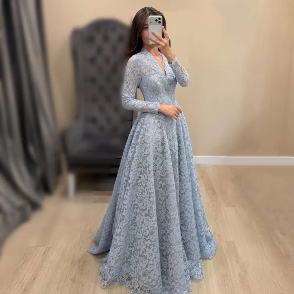 Elegant Sky Blue Evening Pageant Dress V Neck Long... From Donnaweddingdress12, Rs.10,785.92