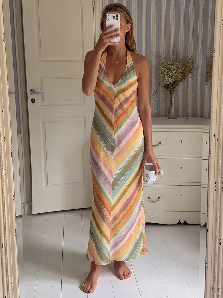 halter neck flowy maxi dress Colorful Striped Summer Maxi Dress... From Xinchuang02, Rs.3,046.56 In Bulk Floral dress