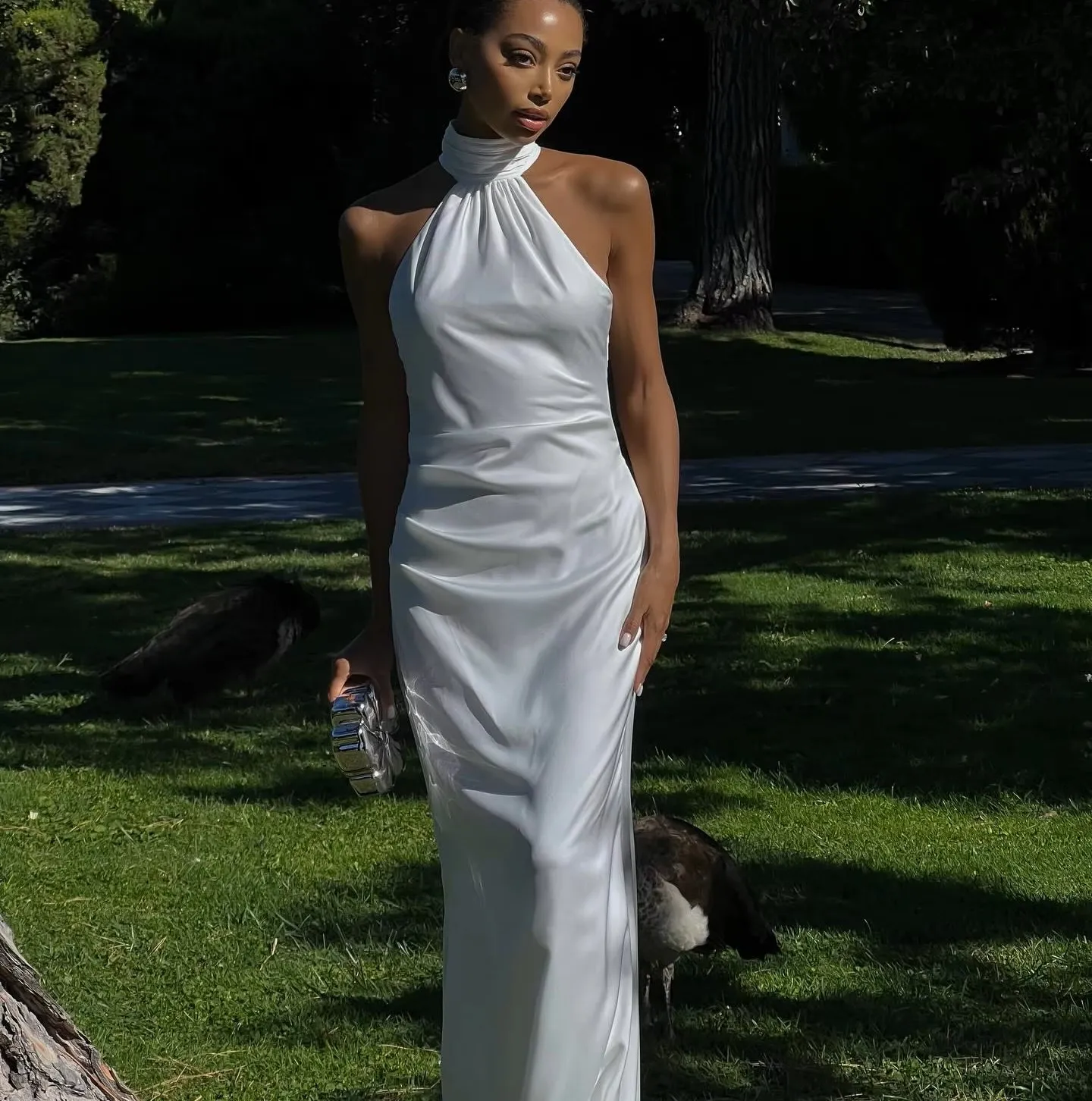 white satin halter neck dress Alicia Maxi designer ethnic gown India