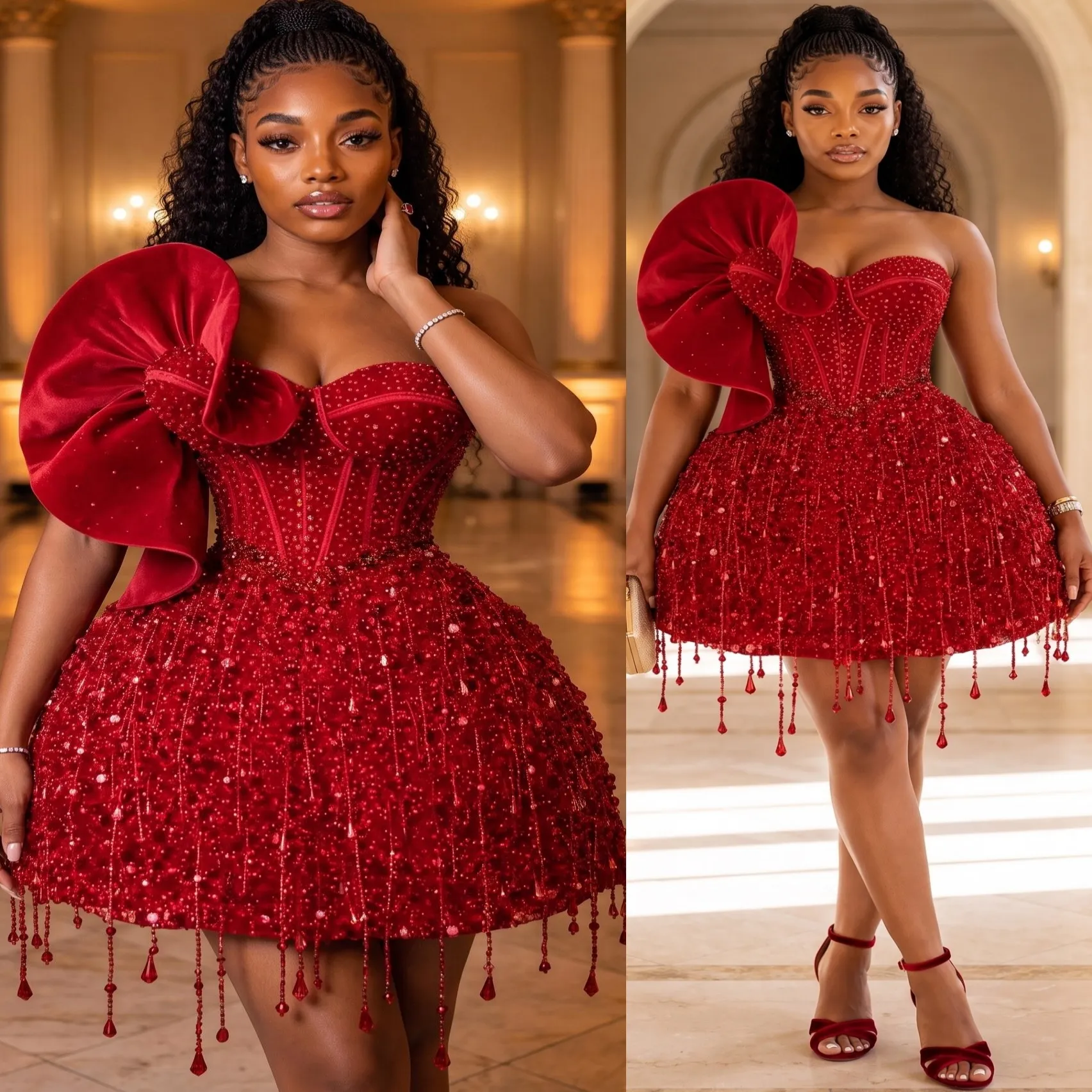 Dark Red Beaded Ball Red Evening Gowns Cocktail Dress... From Chic_cheap, Rs.9,738.9