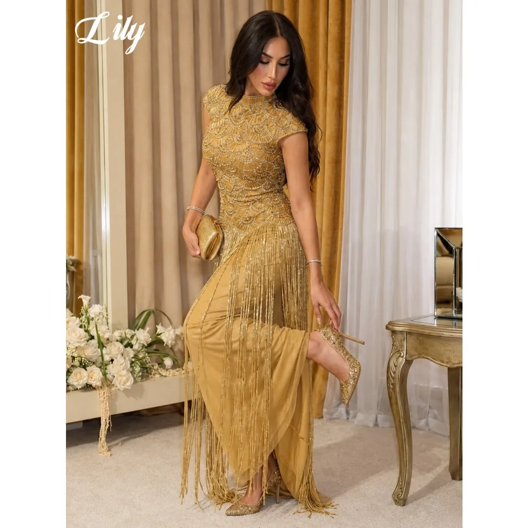 gold high neck prom dress Golden Tassel Sequin Evening... From Babyonline, Rs.17,636.74 red carpet dress