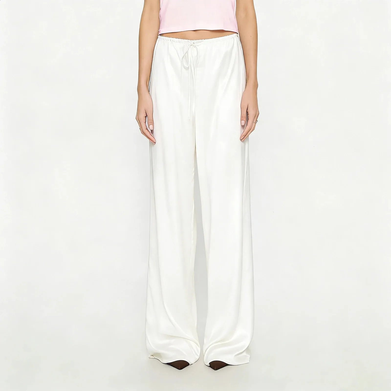 Flowy Satin White Dress Pants Pants For Women Wide... From Powerstore02, Rs.1,661.43