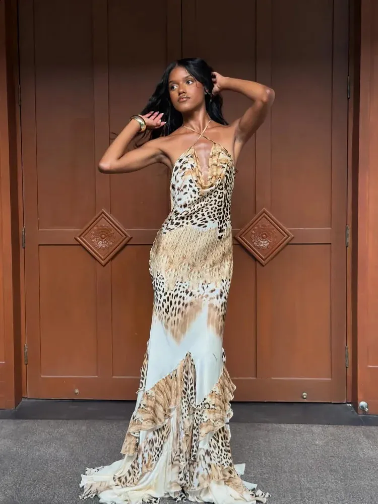sequin halter cheetah print full length dress Women's Leopard Long Maxi Neck Plunge Front Tiered Ruffle Mermaid Skirt Elegant Party Cocktail Daily Gowns 260819 the nanny leopard print