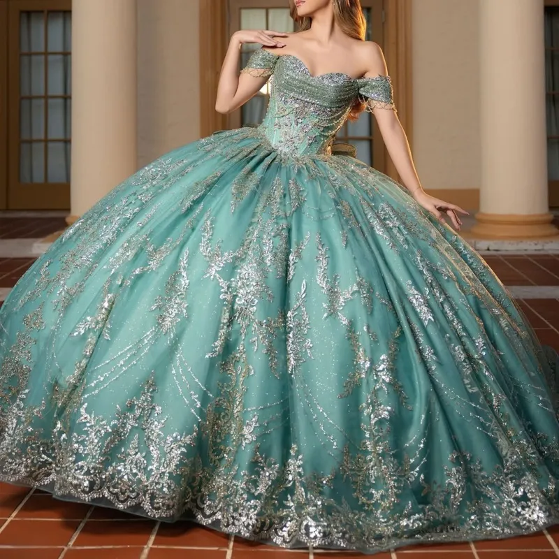 Mint Green Quinceanera Dress With Heavy Silver Gold... From Y0937, Rs.32,697.85