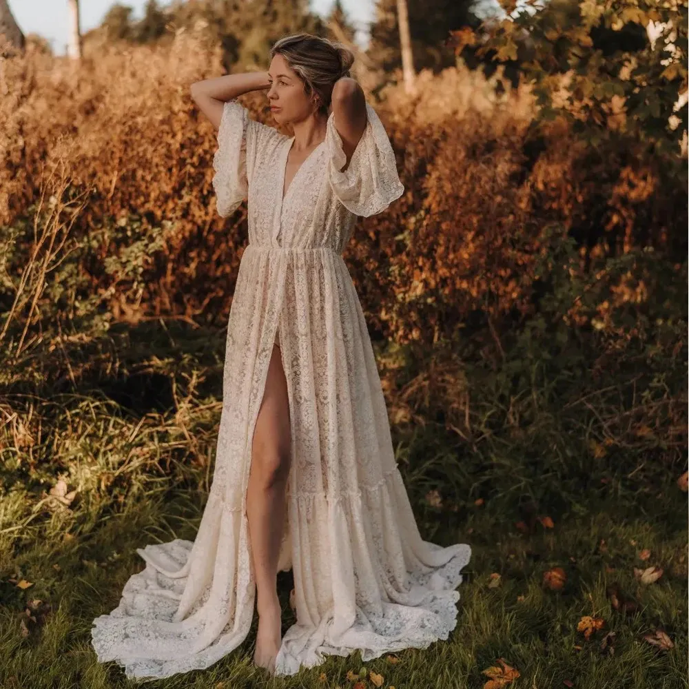 Bohemian Po Shooting Pregnancy Dress Cotton Thread Lace Embroidery Transparent Mesh Elegant V-neck Long Sleeved Dress For Wom 260822