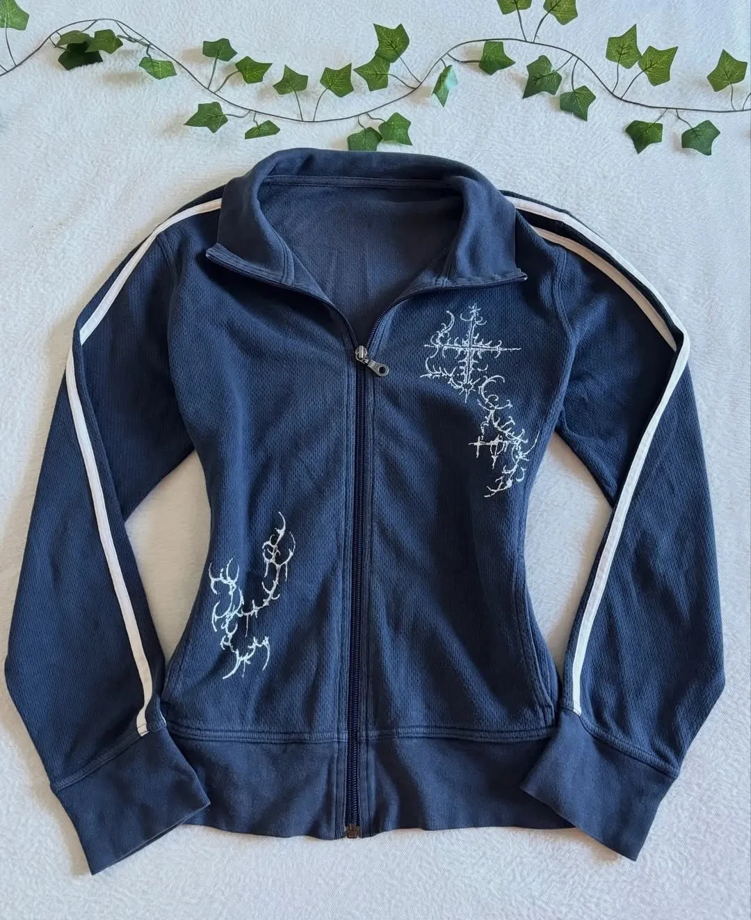 Y2K Striped Embroidered Navy Blue Best Fleece Jacket From
