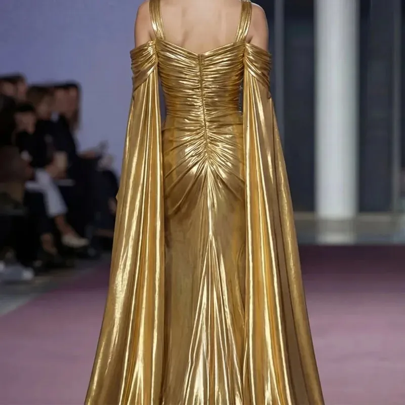 gold prom dress flowy Satin Sheath A Line Metallic Gold Evening Gown... From Babyonline, Rs.11,115.84 elegant classy gold dress