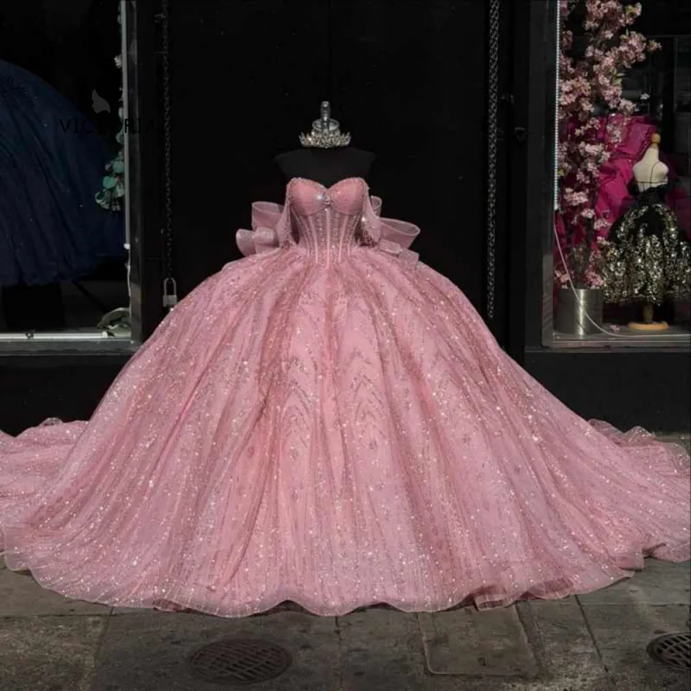 Pink Princess Quinceanera Dresses for Teens Sweet 16 Birthday Party Gowns WIth Bow Sweetheart Glitter Mexican