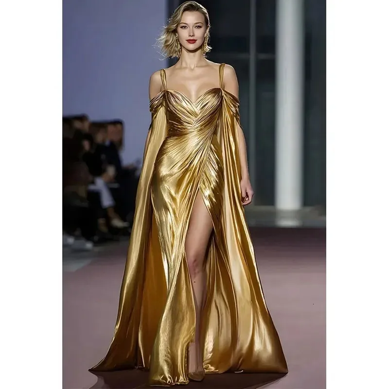 Gold Satin Sheath A Line Metallic Gold Evening Gown... From Babyonline, Rs.11,115.84