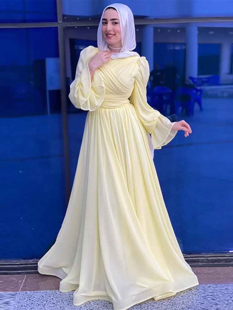 chiffon abaya dress 2026 New Modest For Women Elegant Pleated Waist-Cinching Yellow Maxi Dresses Abaya collection Size:2-4yr tall Belt with Bodycon Dress making it ideal for