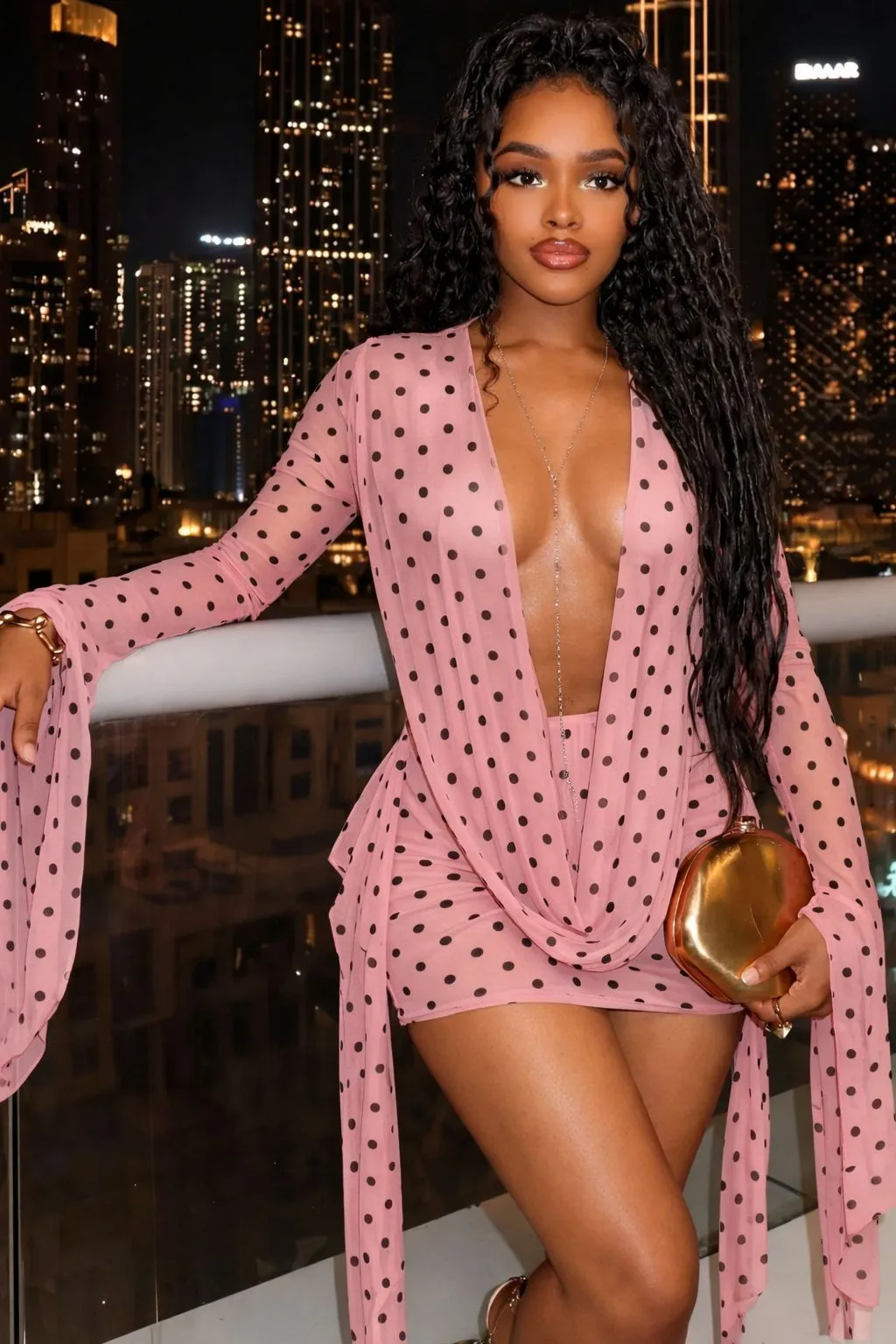 Designer Polka Dot Deep V Bodycon Midi Pink Bodycon... From Dh1100219747, Rs.1,534.3 In Bulk