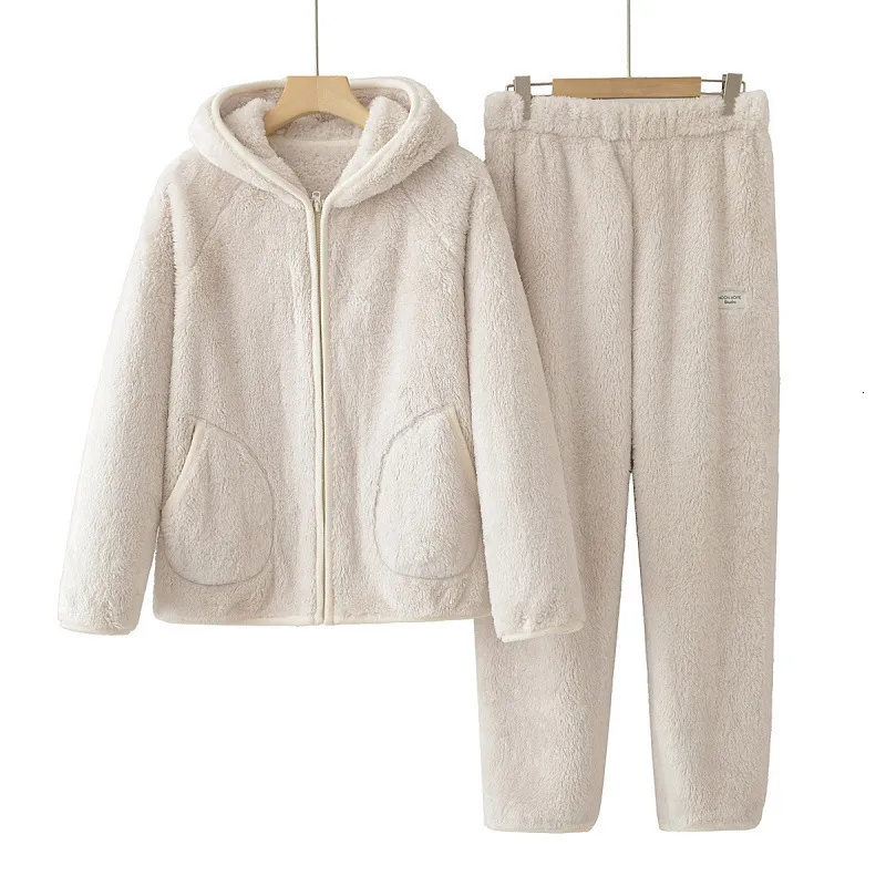 Thick Fluffy Couples Pajama Hooded Zipper Sleeping Sleepwear Winter Underwear Set Nightie Warm Pyjamas Women Loungewear_voghion.com