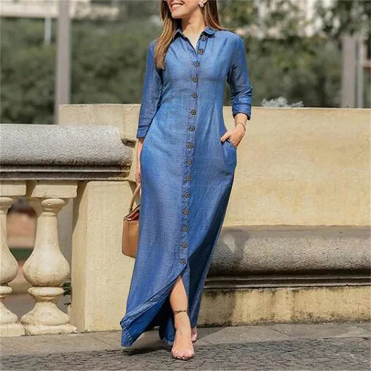 Autumn Elegant Womens Denim Dress Long Sleeve Buttons Shirt Long Dress Female Fashion Elegant Casual Ladies Clothes 260824