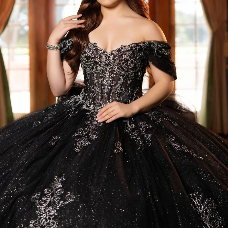 Shiny Black Quinceanera Ball Gown Dress, Sweet 16... From Weiwei12345, Rs.33,399.44