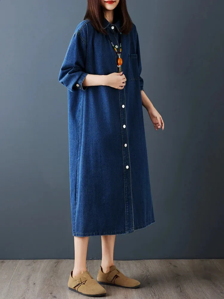 Loose Fit Long Sleeve Denim Dress, Korean Style Washed Vintage Straight Cut Maxi, Autumn Fashion for Women