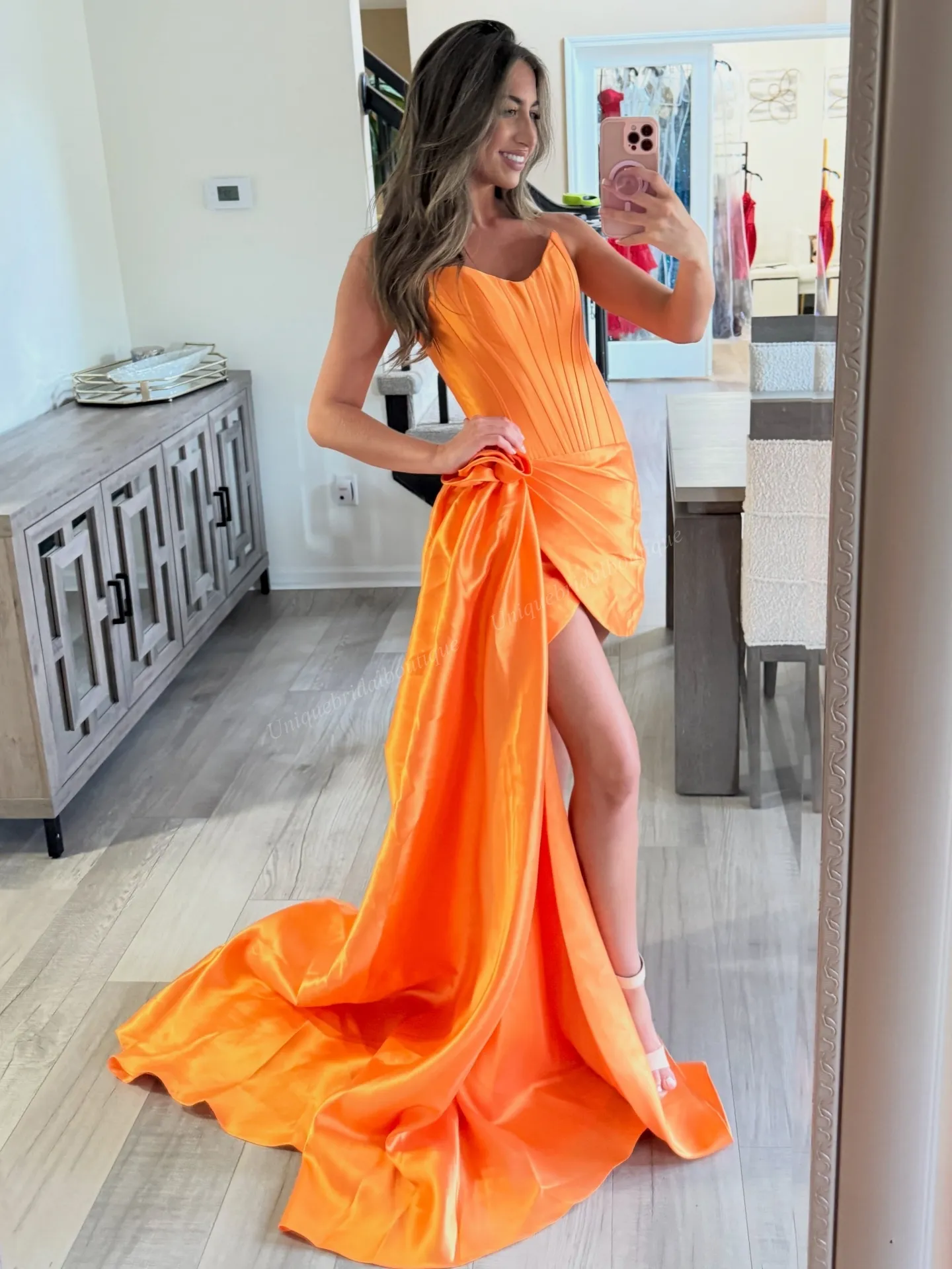 Corset Cocktail Dress, 3D Flower Detail, Satin Fabric, Side Train, Short Length, Orange and Fuchsia, Semi-Formal Party, Graduation, Sweet 16, Y2K 