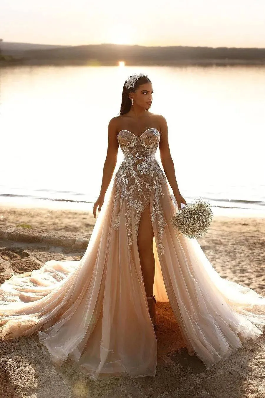 Champagne Sweetheart Tulle Beach Wedding Dress With... From Missbridaldress, Rs.11,736.38