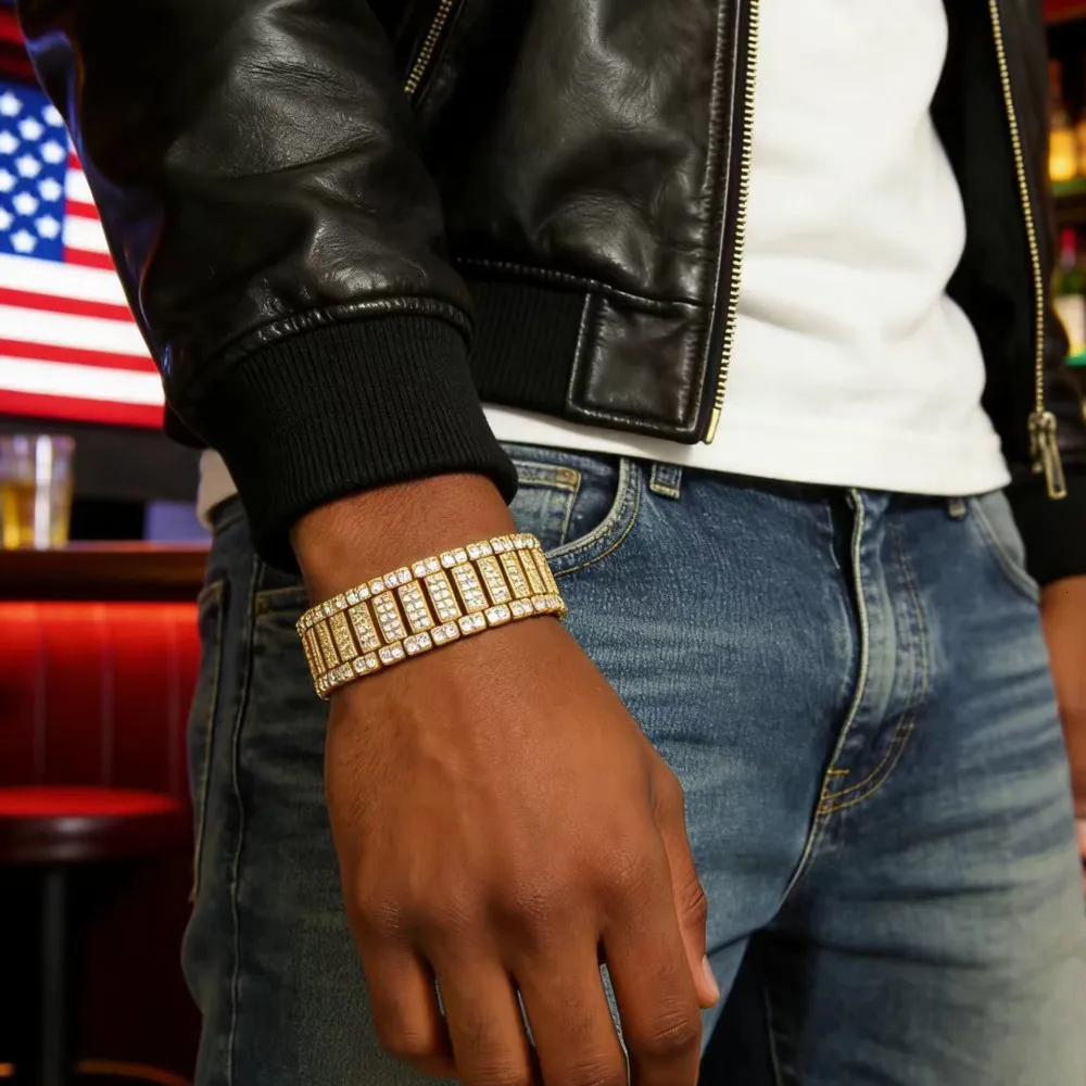 Hip Hop Rap Bracelet for Men 8.46 in × 0.83 in Bold Diamond-Embedded ...