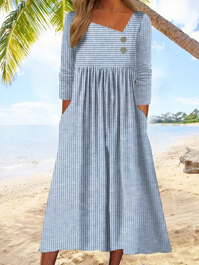 women's loose striped print dress Wholesale Casual Loose Retro Striped Print Holiday Dress Summer Short Sleeve V-Neck Boho Beach Pleated A-Line Long Dress for Women for your store