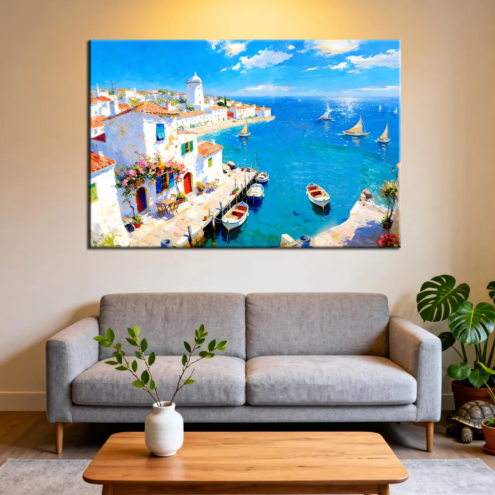 Gq770 Mediterranean Landscape Oil Painting On Canvas Blue Sky Sailing ...