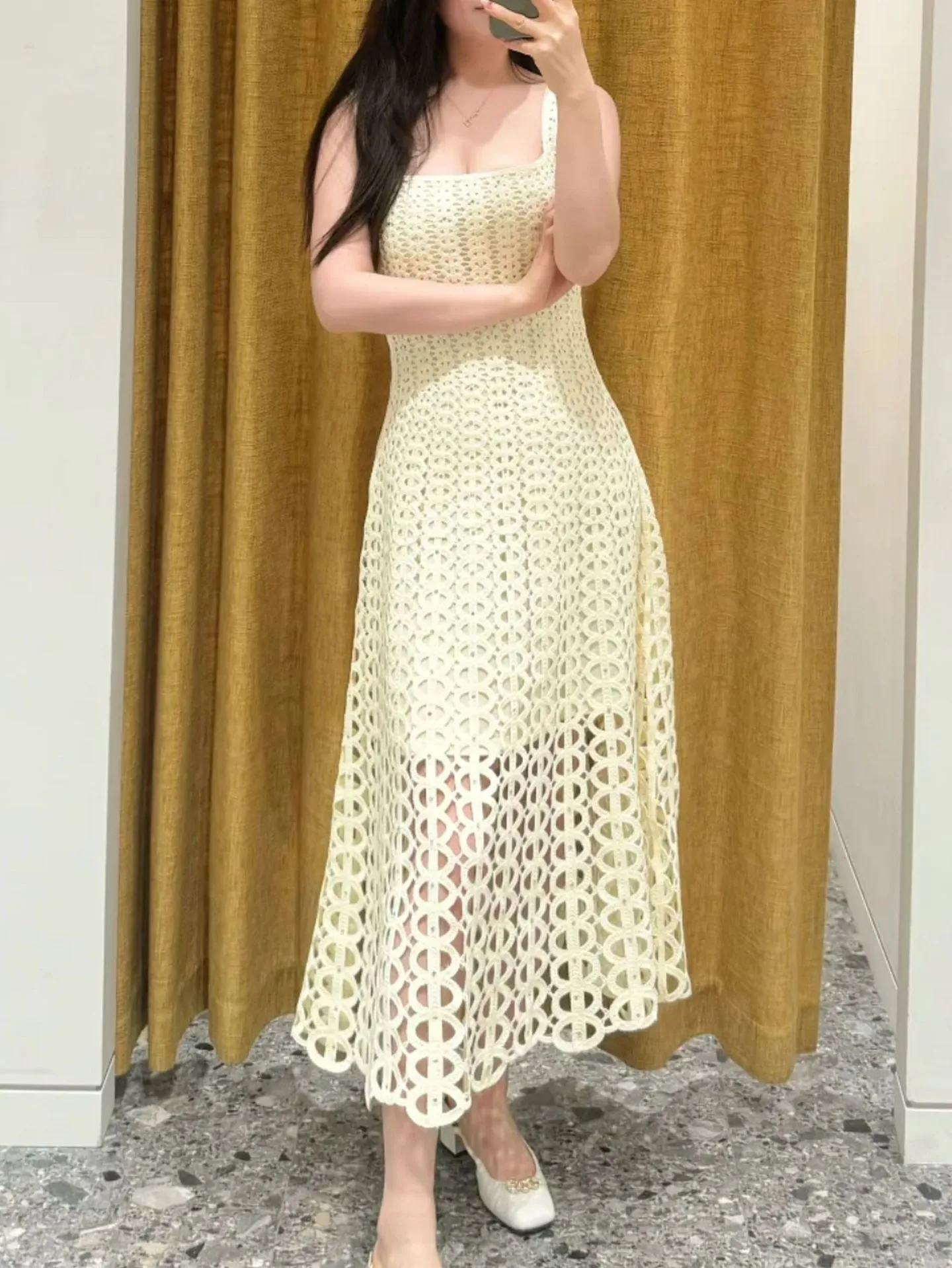 crochet tank dress Women's Crochet Tank Maxi Dress with Slip Dress XS / tan
