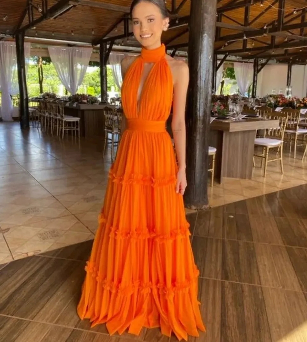 Multilayer Ruffle Gown Elegant Orange Prom Formal Dress 2026 Halter Neck Tiered Ruffle ...