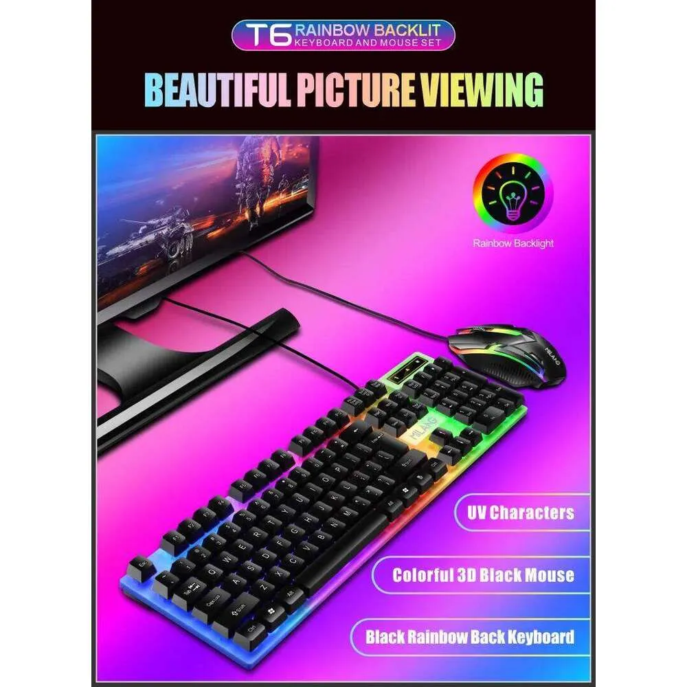 Floating Type Keycaps Rainbow Backlit Wired Keyboard and Mouse with Floating Keycaps, Wear ...