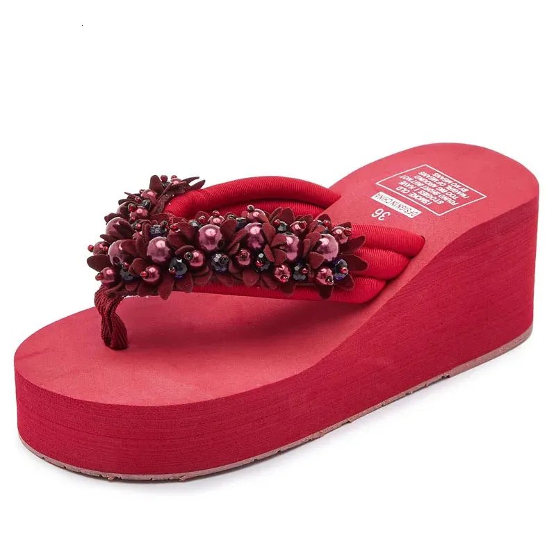 Modische Flip-Flops in Größe 42 für Damen, Sommerschuhe mit Keilabsatz, EVA-Sohle, Schnürung, Perlen, Damen-Hausschuhe, Strandpantoffeln zum Hineinschlüpfen_voghion.com