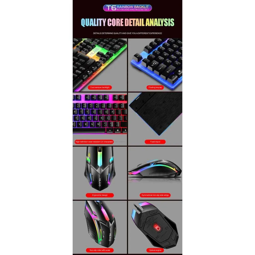 Floating Type Keycaps Rainbow Backlit Wired Keyboard and Mouse with Floating Keycaps, Wear ...