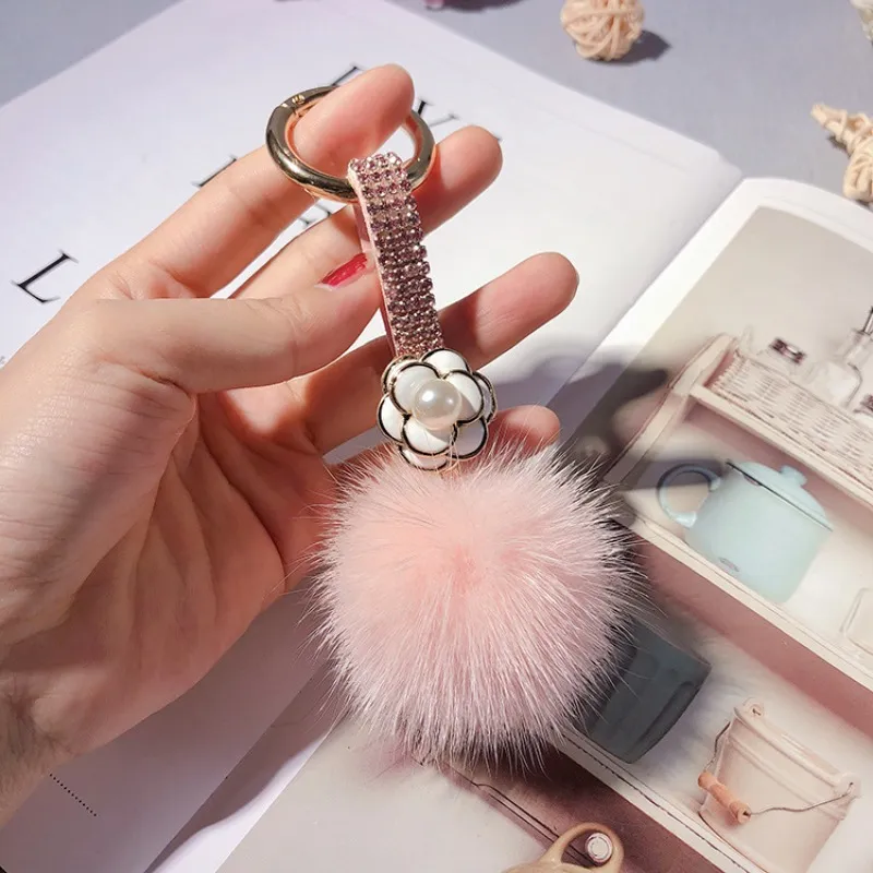Autumn Winter Rhinestone Camellia Keychain With Fluffy Mink Ball Elegant Bag Charm Fashion Car Key Ring Warm Gift_voghion.com