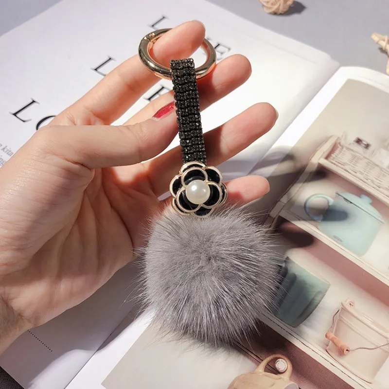 Autumn Winter Rhinestone Camellia Keychain With Fluffy Mink Ball Elegant Bag Charm Fashion Car Key Ring Warm Gift_voghion.com