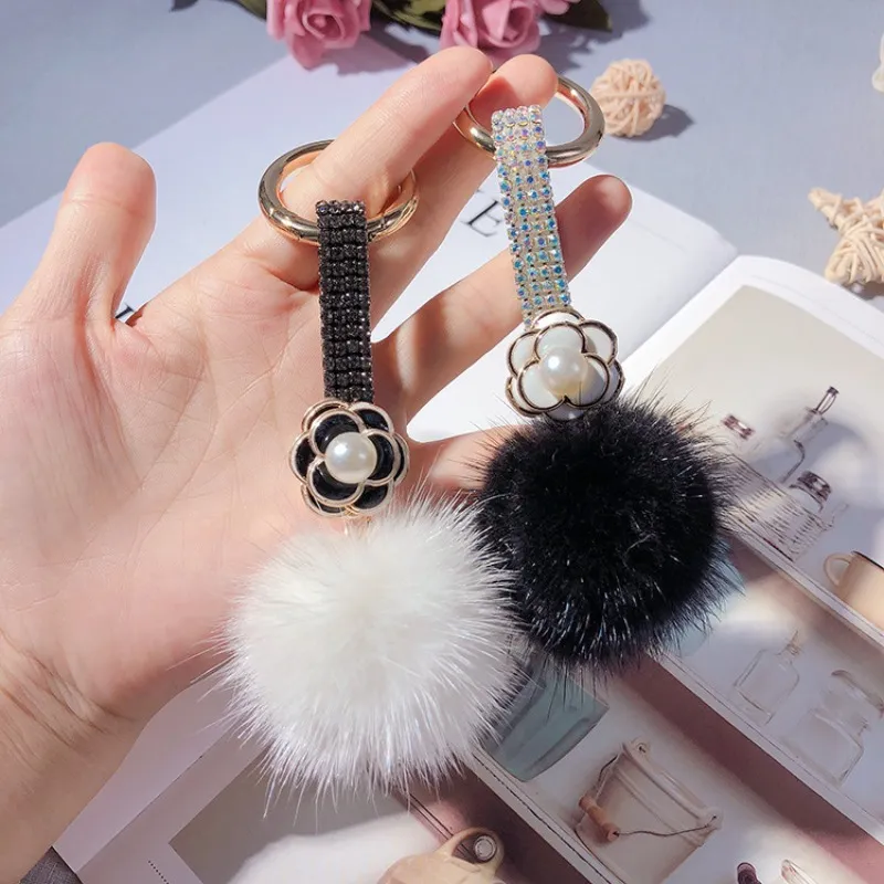 Rhinestone Camellia Keychain With Fluffy Mink Ball Bag Charm_voghion.com